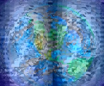 A watercolour painting of a globe, showing the USA and South America