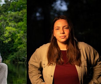Headshots of two people, one standing on a boat, the other against a dark backdrop.