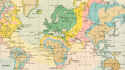 Antique isochronic map (1881) showing travel times from London worldwide in color-coded day ranges.