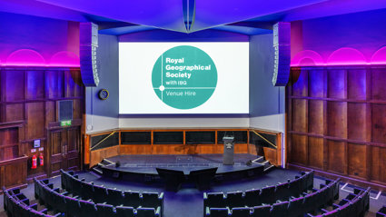 A stage-facing shot of the Ondaatje Lecture Theatre from the upper balcony level. 